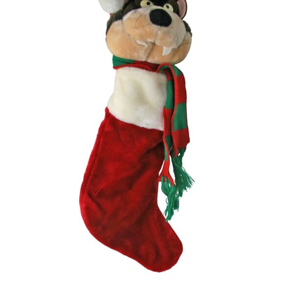 Looney Tunes Taz Plush Head Christmas Stocking 26" Red & White Plush With Scarf - Picture 4 of 6